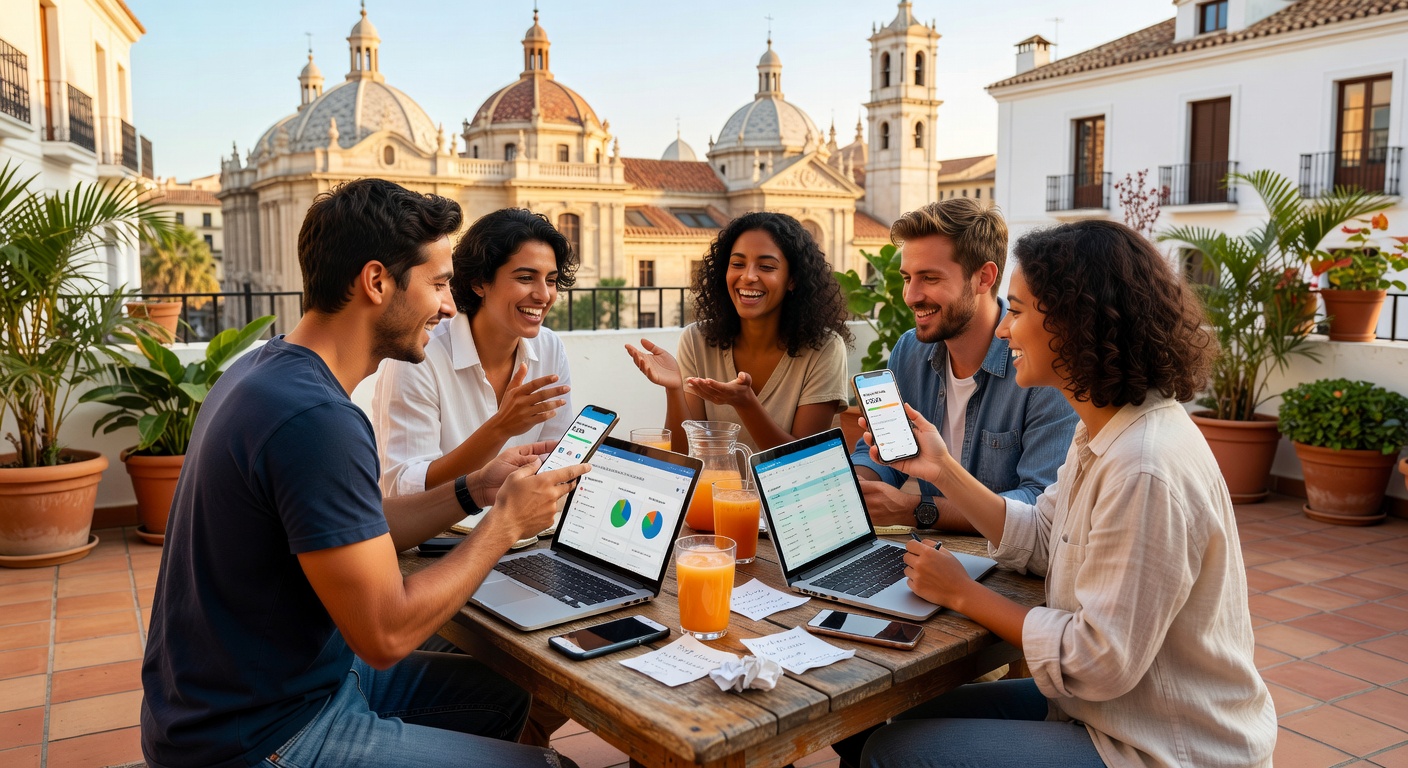Amigos planificando presupuesto digital en Valencia